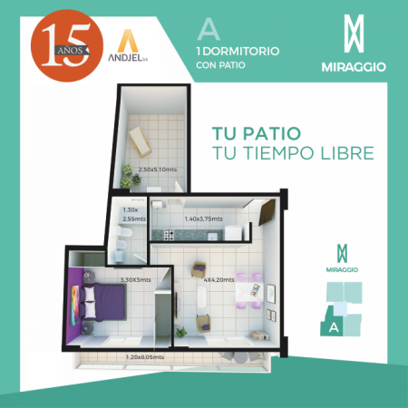 1 Dormitorio A con patio - Edificio Miraggio